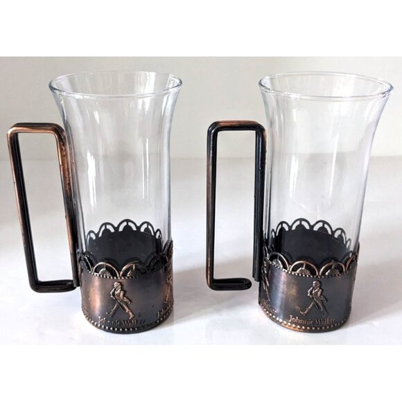 Lot Of 2 Johnnie Walker Clear Glass Metal Holder Narrow Tall Embossed Logo 6 Oz - Picture 1 of 7